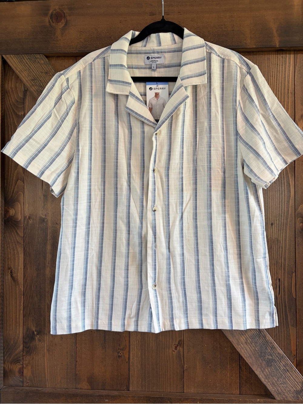 Sperry Short Sleeve Stripe button down Shirt in Cream and Blue